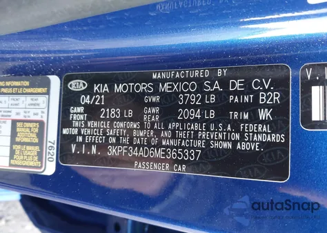 2021 Kia Forte Gt-Line from USA, damaged, VIN 3KPF34AD6ME365337